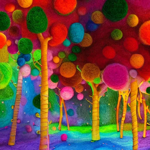 Image similar to a black girl with a colorful afro and rainbow eyes, in a candy forest! at night!, bokeh!!, bright colours, watercolor, volumetric wool felting, macro photography, children illustration, by goro fujita