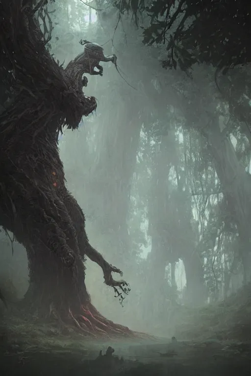 Image similar to a beautiful terrifying tree monster looms over a tiny human in an epic location at dawn, ethereal fantasy art by greg rutkowski