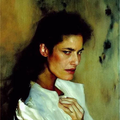 Prompt: a stunning masterful portrait of a confident spanish woman with messy hair and deep thinking eyes and traditional spanish clothes by andrew wyeth, john singer sargent, and norman rockwell, natural light, oil painting, ethereal, wong kar wai, strong brushwork