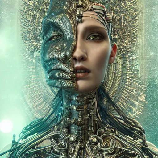 Image similar to cybernetic deity dreaming itself into reality with its networked mind, lsd, intricate detail, royo, whealan, giger, klimt, hd, octane render, unreal engine,