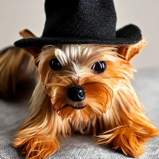 Prompt: a closeup photorealistic smiling knitted plush yorkshire terrier wearing a fedora hat.