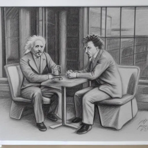 Image similar to Einstein and Tesla sitting at cafe, pencil drawing, ultra detailed