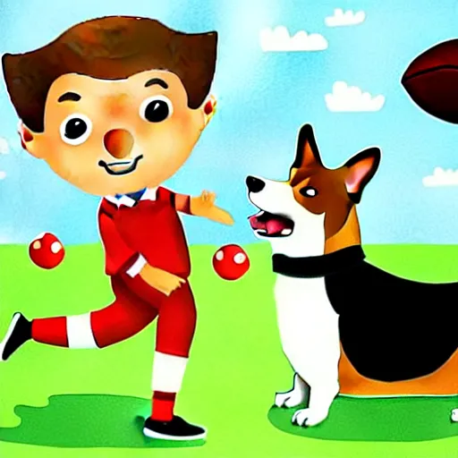 Image similar to illustration of french boy playing football with a corgi wearing a polka dot scarf in paris