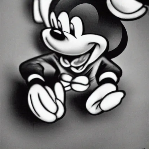 Image similar to hyper realistic picture of Mickey Mouse drunk and broke in Tokyo Robert robert doisneau black and white