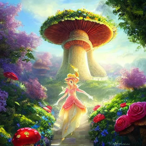 Prompt: portrait of princess peach, running up a hill of exotic flowers in the Mushroom Kingdom, giant mushrooms, and roses, from behind, Castle in distance, birds in the sky, sunlight and rays of light shining through trees, beautiful, solarpunk!!!, highly detailed, digital painting by Michael Garmash and Peter Mohrbacher