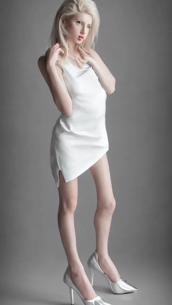 Prompt: very very very beautiful studio photo of emily skinner, looking like annie leonhart, very beautiful slim legs, silver open toe heels and white short dress, in a white room, pale skin, bokeh, very very very very beautiful!!, hard focus, sexy dominant pose, full body shot, 9 0 mm, f / 1. 2 5