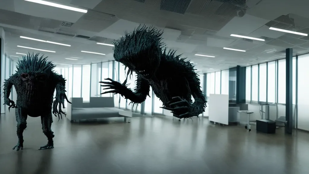 Prompt: the creature in the high tech office building, it is furious, film still from the movie directed by denis villeneuve and david cronenberg with art direction by salvador dali