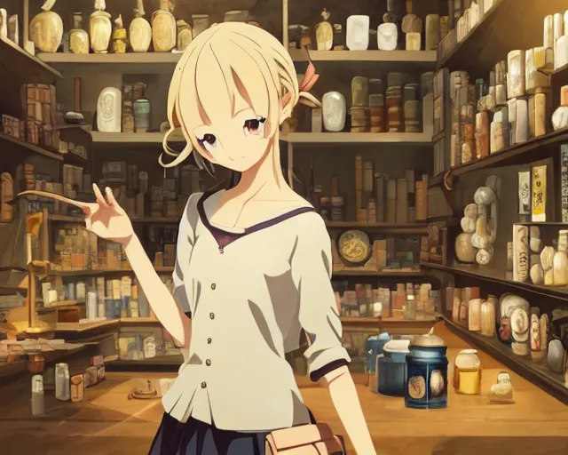 Prompt: anime visual, portrait of a young female traveler in a alchemist's shop interior, cute face by yoh yoshinari, katsura masakazu, studio lighting, dynamic pose, dynamic perspective, strong silhouette, anime cels, ilya kuvshinov, cel shaded, crisp and sharp, rounded eyes, moody, cold colors