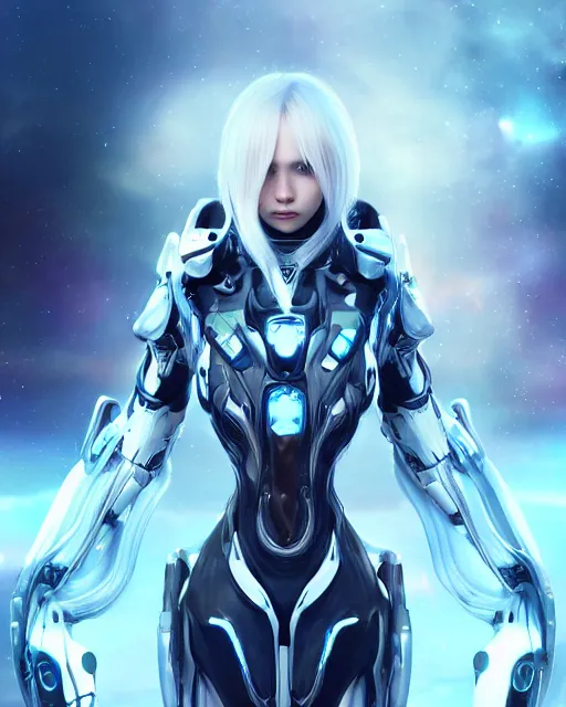 Image similar to perfect android girl on a mothership, warframe armor, beautiful face, scifi, futuristic, galaxy, nebula, raytracing, dreamy, long white hair, blue cyborg eyes, sharp focus, cinematic lighting, highly detailed, artstation, divine, by gauthier leblanc, kazuya takahashi, huifeng huang