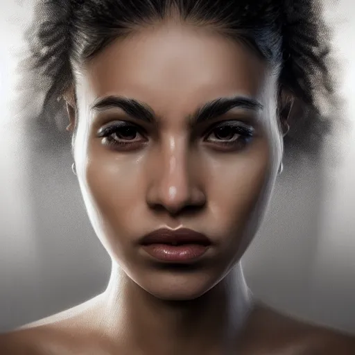 Image similar to hyperrealistic portrait of beautiful angry mixed race woman, photo realistic, symmetrical, dynamic lighting, artstation, poster, volumetric lighting, very detailed face, 4 k, award winning