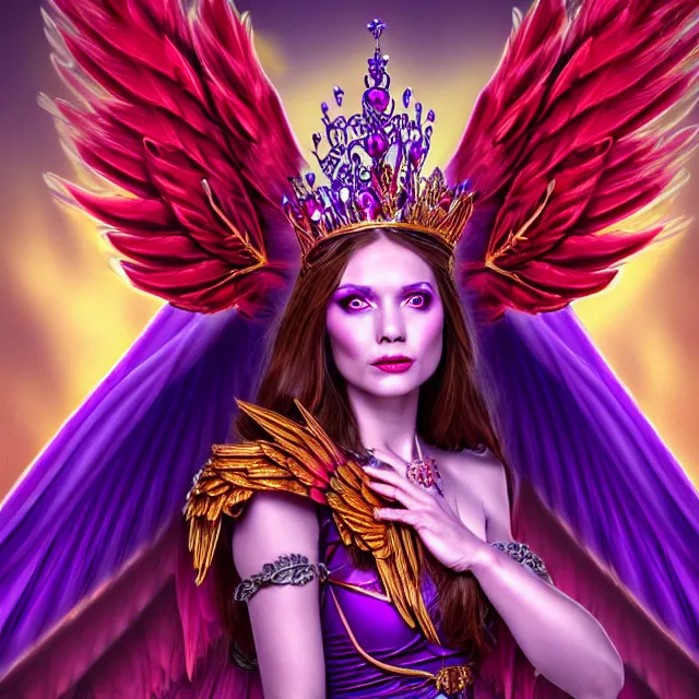 Prompt: Princess sorceress with red flaming bird wings on her back and sitting on an ornate throne dressed in a fancy purple dress, beautiful realistic symmetrical defined face, anatomically correct, Fantasy, Full Portrait, High detail, realistic, planeswalker