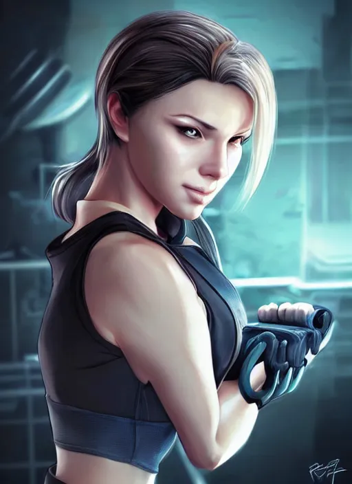 Prompt: beautiful portrait of a gorgeous personal trainer who looks like Jill Valentine , character design by Ross Tran, artgerm detailed, soft lighting