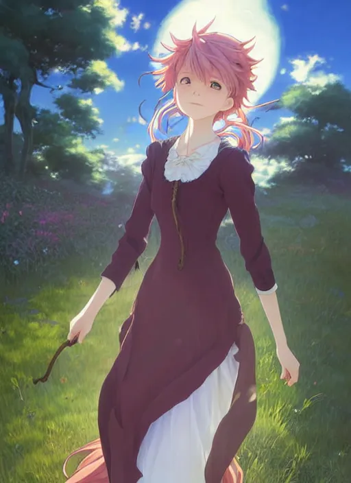 Image similar to Painting of a cottagecore witch with strawberry hair in the style of Violet Evergarden, beautiful anime art style, winged eyelashes, countryside, calm, fantasy character portrait, dark outlines, dynamic pose, above view, sunny day, artwork by Makoto Shinkai, very coherent asymmetrical artwork, sharp edges, perfect face, simple form, 100mm