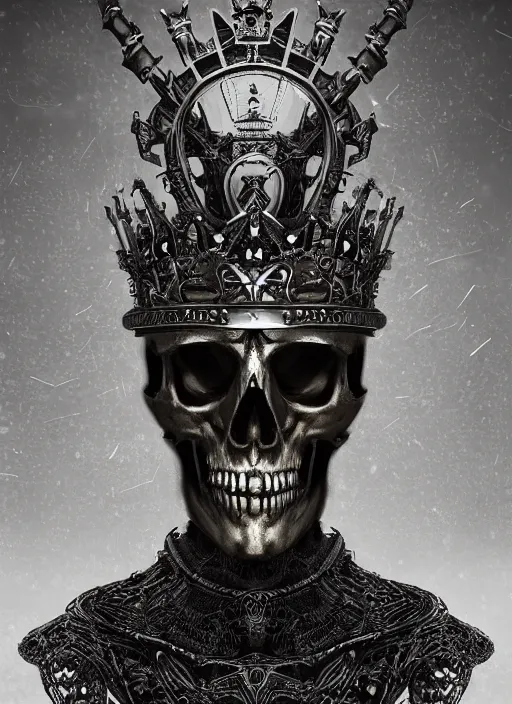 Prompt: portrait of king arthur skull faced knight cyborg with a crown with engravings, studio portrait against a black background, modern fine art, fractal, intricate, elegant, highly detailed, digital photography, subsurface scattering, in the style of ghost, by jheronimus bosch and yue minjun and giger and greg rutkowski,