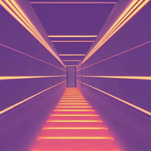 Image similar to noisy color photograph of a retrofuturist liminal space, twisting hallways, minimalist, cinematic, soft vintage glow, 3d render, photorealism