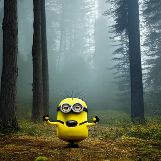 Image similar to sad minion in misty forest scene, the sun shining through the trees