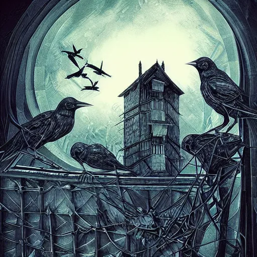 Image similar to crows at a architectural complex with an occult witch by Android Jones and M. C. Escher collaboration, futurist, digital art, dramatic lighting, symbolic