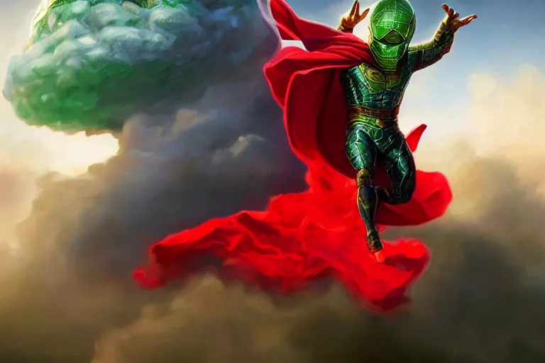 Prompt: Mysterio, crossing his arms, wearing a reflective dome on his head and a big red cape appearing gigantic emerging from a cloud of green smoke, trending on Artstation, highly detailed, HD wallpaper, 4k, photorealistic, digital art, art by artgerm and Greg Rutkowski and Alphonse Mucha