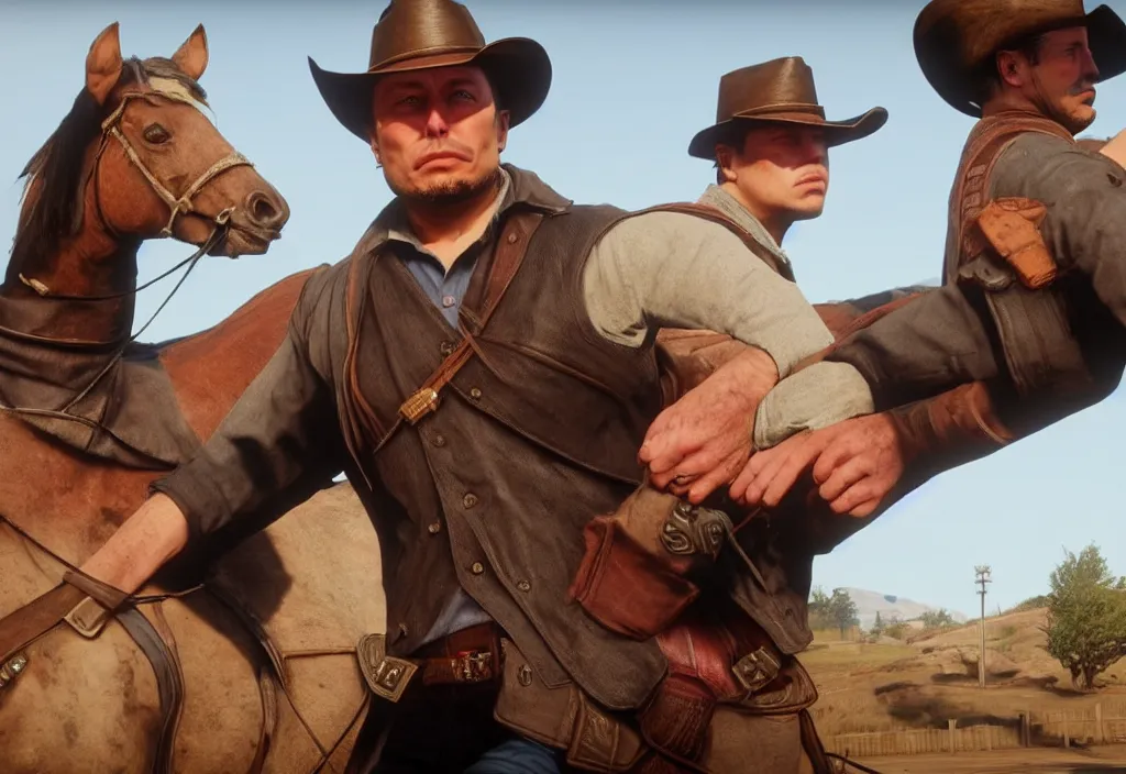 Image similar to elon musk in the red dead redemption 2, elon musk in the video game red dead redemption 2, gameplay screenshot, close up, 3 d rendering. unreal engine. amazing likeness. very detailed.