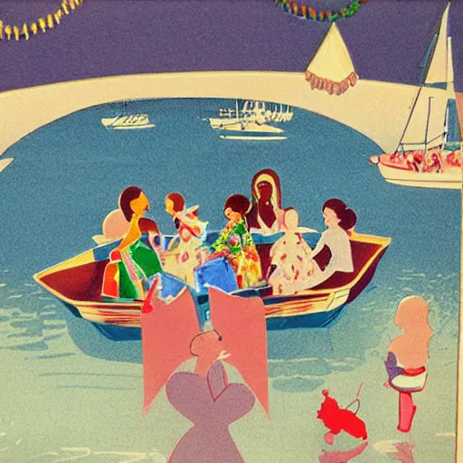 Prompt: The installation art depicts a group of well-dressed women and children enjoying a leisurely boat ride on a calm day. The women are chatting and laughing while the children play with a toy boat in the foreground. children's illustration, 1970s grainy vintage illustration by Tony Oursler, by Georges de La Tour magnificent