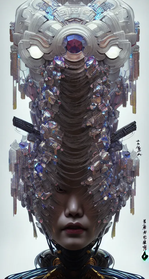 Image similar to asura from chinese myth, ghost, gorgeous and huge head ornaments, dystopian, cyberpunk, organic fractal mycelum and fungi, mecha, halfturn portrait of a big crystal face made of crystals half - turn, ominous, intricate, studio, art by anthony macbain + greg rutkowski + alphonse mucha, concept art, 4 k, sharp focus