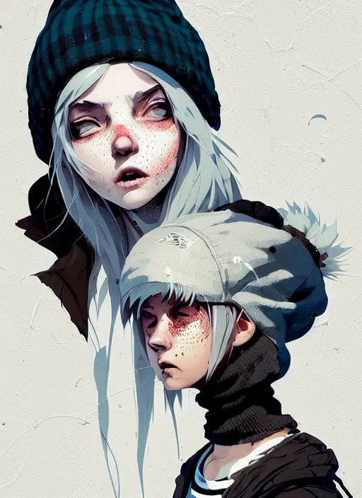 Image similar to highly detailed closeup portrait of a sewer punk lady student, beanie, tartan hoodie, white hair by atey ghailan, by greg rutkowski, by greg tocchini, by james gilleard, by joe fenton, by kaethe butcher, gradient, blue, black, brown and cream color scheme, grunge aesthetic!!! white graffiti tag wall background