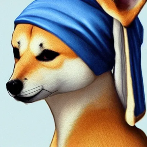 Image similar to girl with a pearl earring but as a shiba inu dog, ultra realistic, very detailed