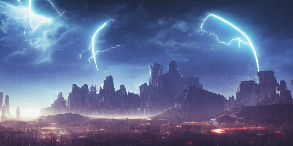 Prompt: scifi cityscape with mountains in the background and planets in the sky, beautiful, volumetric lightning