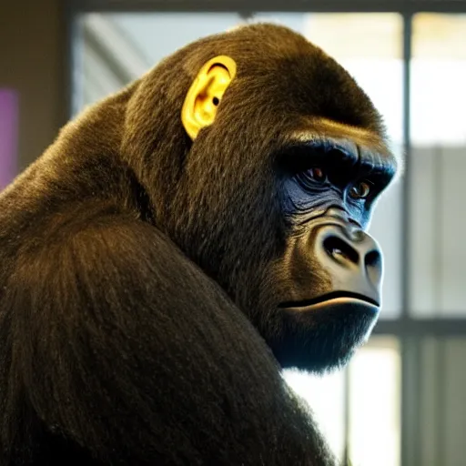 Prompt: A photo of Saul Goodman giving a gorilla legal advice, cinematic lighting