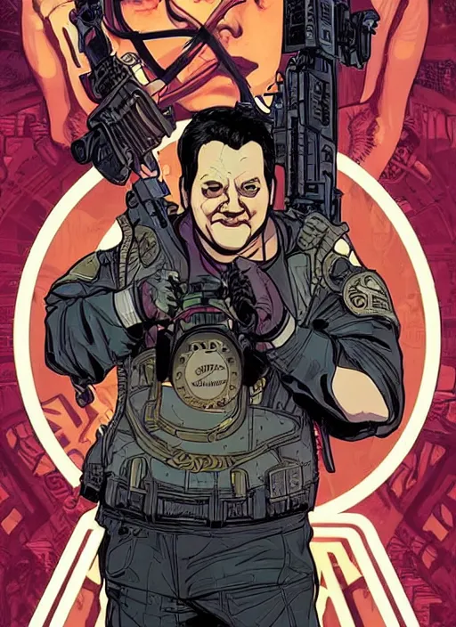 Image similar to cyberpunk paul blart fighting kickboxer. portrait by ashley wood and alphonse mucha and laurie greasley and josan gonzalez and james gurney. spliner cell, apex legends, rb 6 s, hl 2, d & d, cyberpunk 2 0 7 7. realistic face. vivid color. dystopian setting.