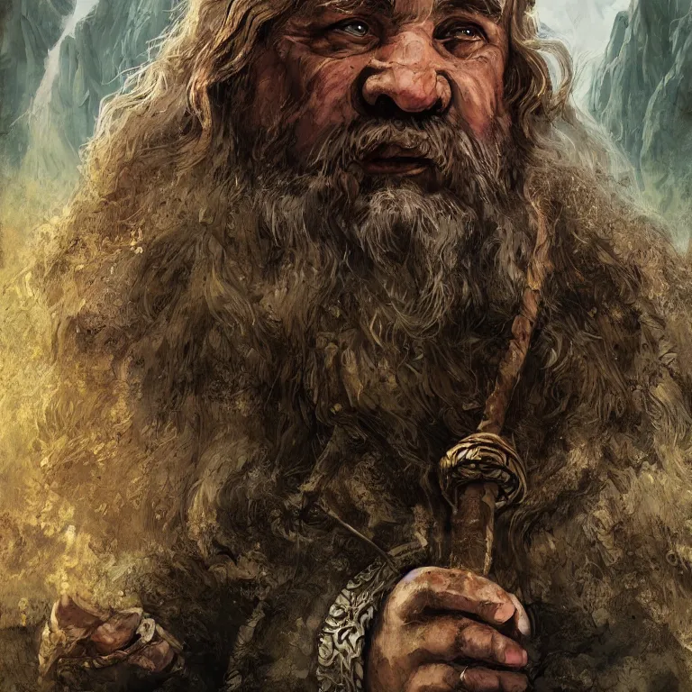 Image similar to dwarf in mountains, lord of the rings style, fantasy, poster, character portrait, portrait, close up, concept art, intricate details, highly detailed, full body, 8 k, detailed face, body