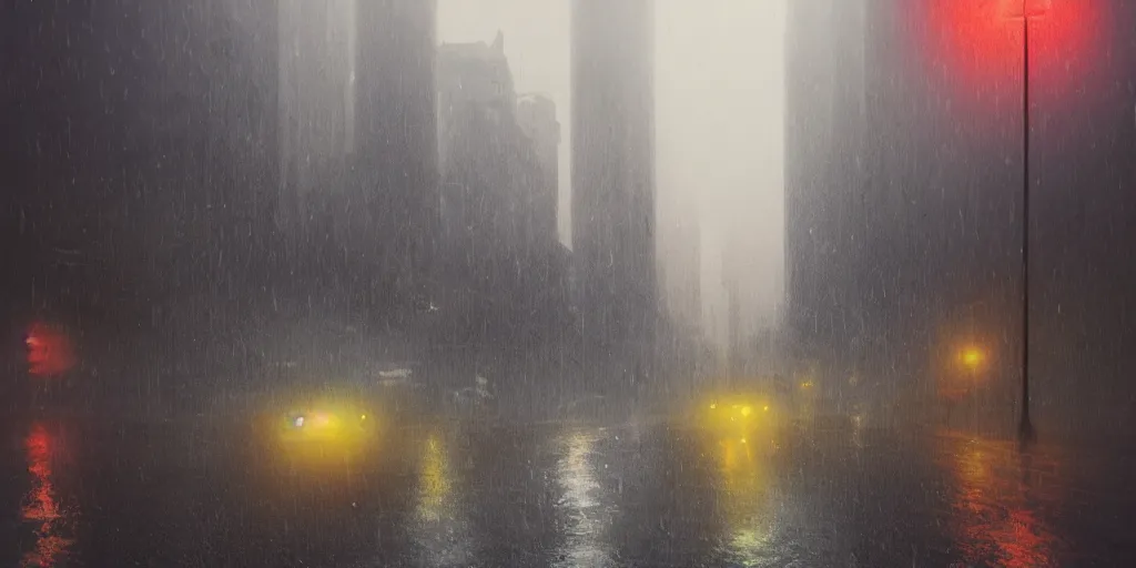 Prompt: Mumbai city by Simon Stålenhag, Matte Painting, heavy rains, traffic lights, fog