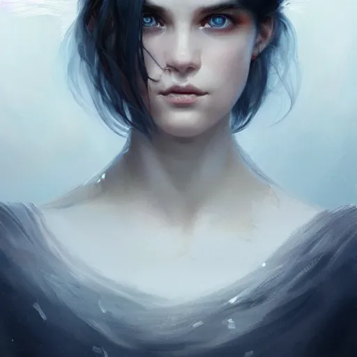 Image similar to portrait of a beautiful young woman with bright blue eyes, bunched dark hair, dressed in a white, detailed face, fantasy, highly detailed, cinematic lighting, digital art painting by greg rutkowski, trending on artstation, very very beautiful, very attractive