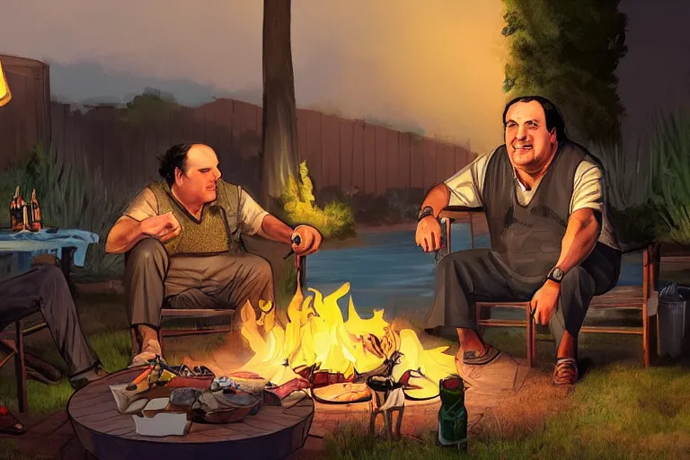 Prompt: Tony Soprano and Lalo Salamanca chat and barbecue in the evening in the backyard, highly detailed, cinematic concept art, dramatic lighting