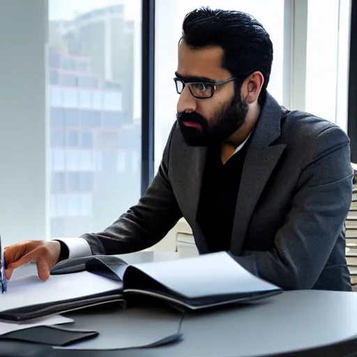 Image similar to photo of emad sitting at his desk in the stability. ai office, highly detailed, extremely high quality, hd, 4 k, 8 k, professional photographer, 4 0 mp, lifelike, top - rated, award winning, cinematic, realistic, detailed lighting, detailed shadows, sharp, no blur, edited, corrected, trending