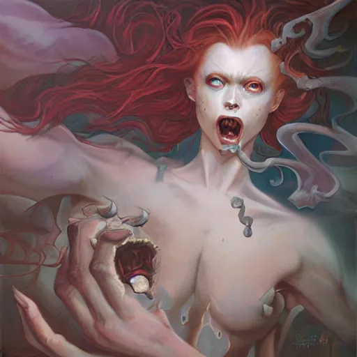 Image similar to sadie sink demonic birth from insanity dimension by peter mohrbacher