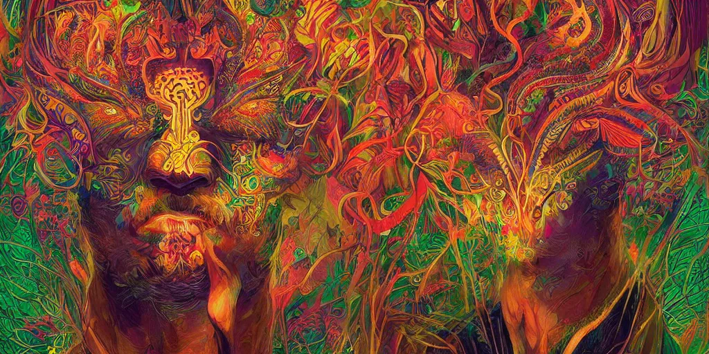 Prompt: psychedelic god of the tall forest, symmetry, dmt, ayahuasca, vibrant, alive, intricate, highly detailed, digital painting, artstation, concept art, smooth, sharp focus, illustration, art by artgerm and greg rutkowski