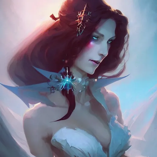 Prompt: a portrait of a beautiful bride of dracula, concept art by pete mohrbacher and wlop and artgerm and guweiz and ilya kuvshinov, digital art, highly detailed, intricate, sci - fi, sharp focus, trending on artstation hq, deviantart, unreal engine 5, 4 k uhd image