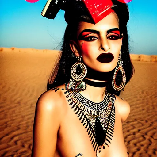 Image similar to a beautiful professional photograph by hamir sardar, herb ritts and ellen von unwerh for the cover of vogue magazine of a beautiful and unusually attractive moroccan berber female fashion model with a face tattoo looking at the camera in a flirtatious way, leica 5 0 mm f 1. 8 lens