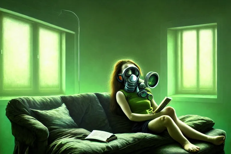 Prompt: girl with wearing a gas mask lying on the sofa reading a book in her room, in the style of tomasz alen kopera, solarpunk, atmospheric, clean, intricate and epic composition, green by caravaggio, insanely quality, highly detailed, masterpiece, blue light, artstation, 4 k