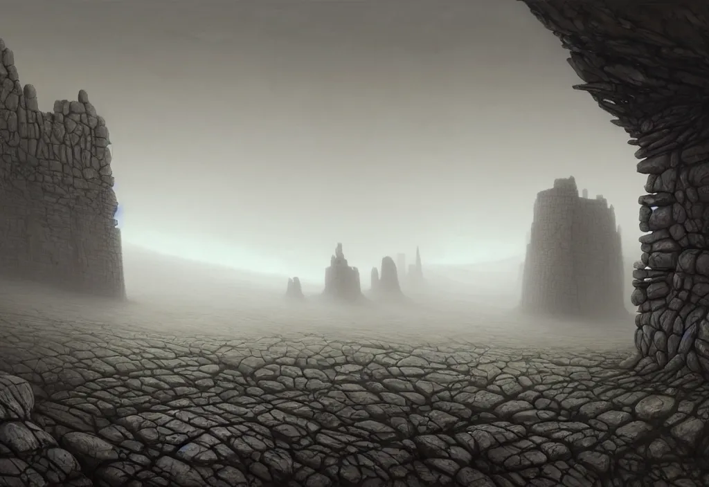 Prompt: The landscape of a gray stony wasteland with gray dry land without a single plant, enclosed in incredibly gigantic enormous stone walls. The walls are so far apart that they disappear over the horizon. Art by Finnian MacManus, Simon Stalenhag, Arthur Rackham. Fog, masterpiece, fantasy art, cinematic, hyperdetailed, photorealistic, hyperrealism, octane rendering, 8k, aerial view