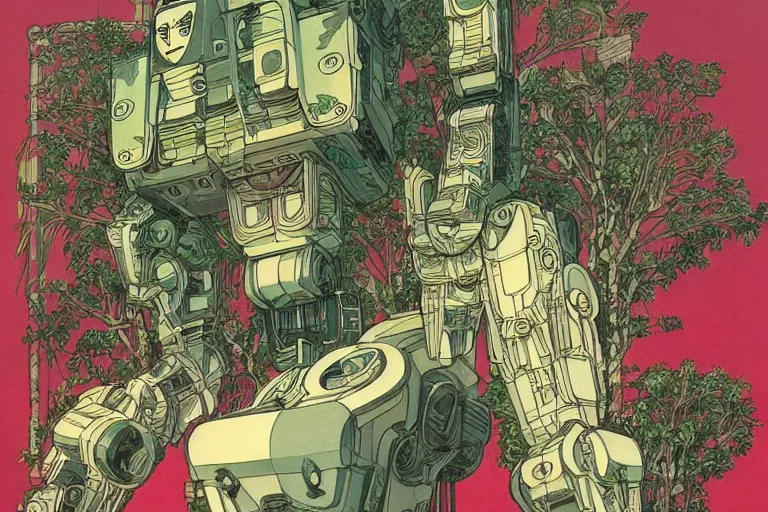 Image similar to gigantic man head, a lot of exotic vegetation around, trees, tremendous mecha robot, flowers, risograph!, oldschool vintage sci - fi flat surreal design, super - detailed, painting by moebius and satoshi kon and jodorwski