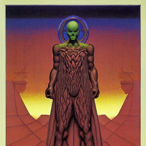 Image similar to doom, highly detailed, artstation, in the style of moebius, art by rene magritte and jean delville