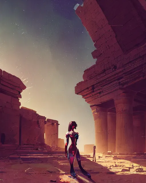 Image similar to android girl in egyptian ruins, ultra realistic, mysterious, cyborg body, atmosphere, glow, detailed, intricate, full of colour, cinematic lighting, trending on artstation, 4 k, focused, extreme details, cinematic, masterpiece, by ismail inceoglu