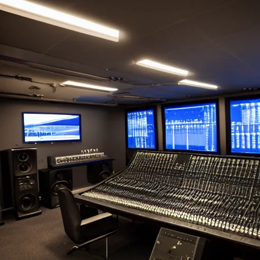 Prompt: Sharp photo of a mixing and mastering engineering studio. Expensive Genelec mastering loudspeakers, a large mixing desk. Emmy Award-winning mixing engineer studio. Cinematic dark lighting, dusty Atmosphere, award-winning photography, 35 mm f/2.8 photography. Sharp, 4k, anamorphic lens. Very, very detailed