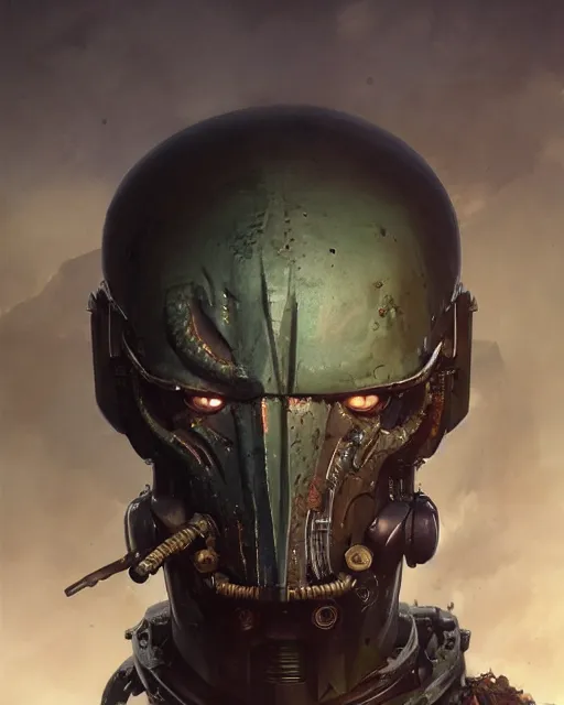 Prompt: hyper realistic portrait of warhammer android head, cinematic, chaos marine, nurgle, artstation, cgsociety, full head and shoulders, greg rutkowski, james gurney, mignola, craig mullins, brom