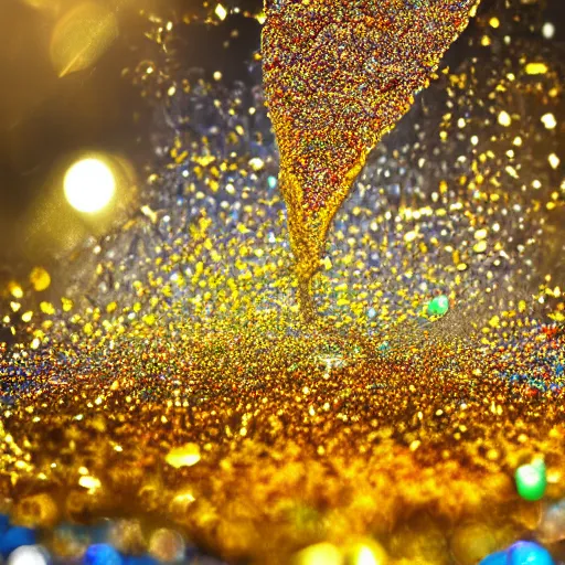 Image similar to a wet swirling mixture of gold paint and very colorful colored pigment particles glitter suspended in a turbulent liquid, captured in slow motion, crystal clear focus, macro photography lens closeup, slow-motion pour, dumpedpaint glittery, shimmering, speculars