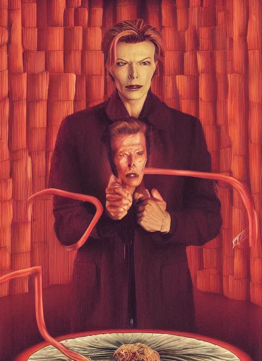 Image similar to twin peaks poster art, portrait of david bowie lost in the labyrinth of the red room, other dimension, this is his fate for the next two years, by michael whelan, rossetti bouguereau, artgerm, retro, nostalgic, old fashioned