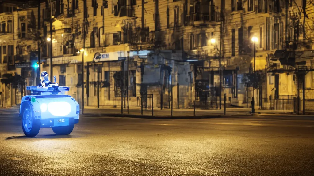 Prompt: a night shot of a police robot guarding a street. bloom light effects.