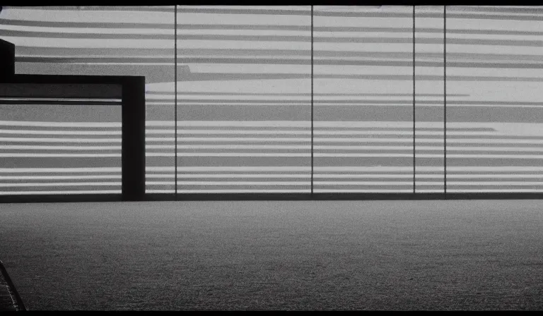 Image similar to A techno palace exterior, extreme long shot, 35mm film, by Ryoji Ikeda, Yohji Yamamoto, Michael Mann